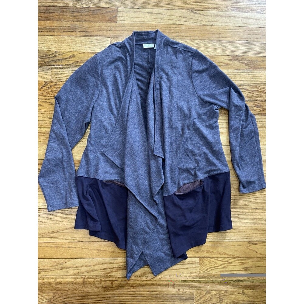 LOGO Lori Goldstein Women’s XL Blue French Terry Cascading Cardigan Faux Suede